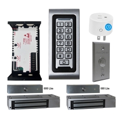 SA-600 Standalone Access control + Power Adapter Controller-NO/NC + Exit Button + 2 x 600 lbs Maglock For Double Doors + BS-10 APP Smart Timer Plug